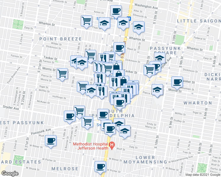 map of restaurants, bars, coffee shops, grocery stores, and more near 1402 Castle Avenue in Philadelphia