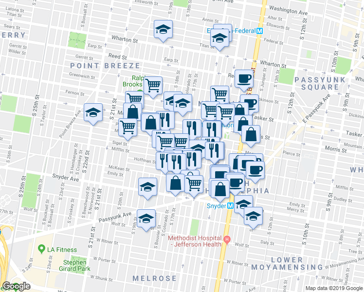 map of restaurants, bars, coffee shops, grocery stores, and more near 1804 South 17th Street in Philadelphia