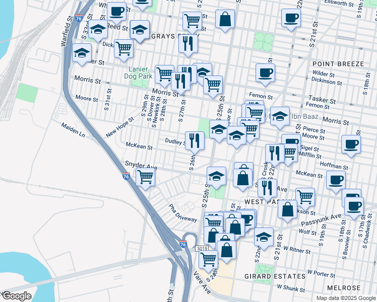 map of restaurants, bars, coffee shops, grocery stores, and more near 2611 McKean Street in Philadelphia