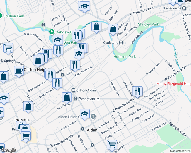 map of restaurants, bars, coffee shops, grocery stores, and more near 138 West Maryland Avenue in Aldan