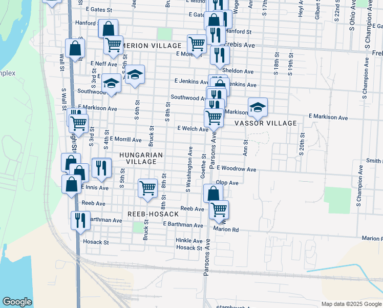 map of restaurants, bars, coffee shops, grocery stores, and more near 1694 South Washington Avenue in Columbus