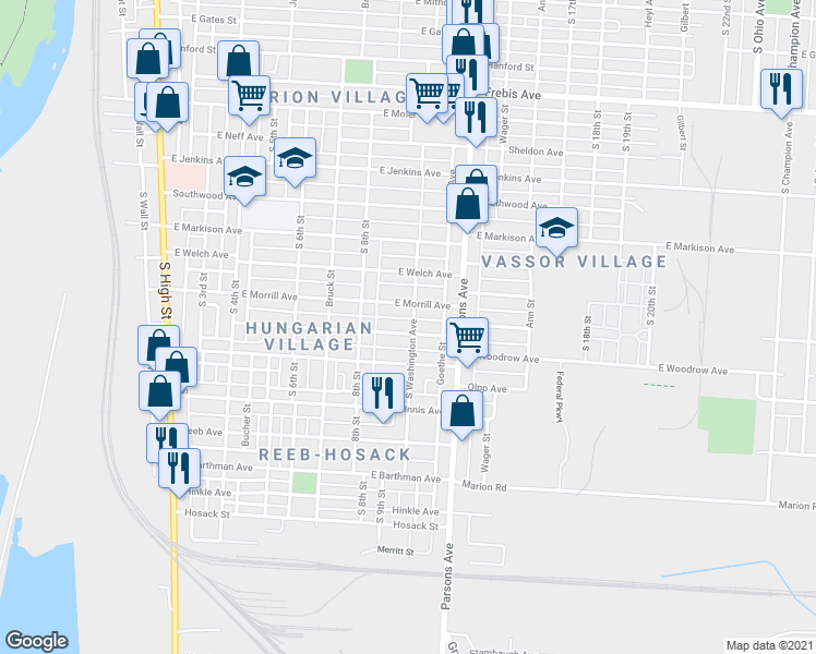 map of restaurants, bars, coffee shops, grocery stores, and more near 1694 South Washington Avenue in Columbus