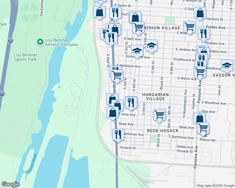 map of restaurants, bars, coffee shops, grocery stores, and more near 1649-1651 South 3rd Street in Columbus
