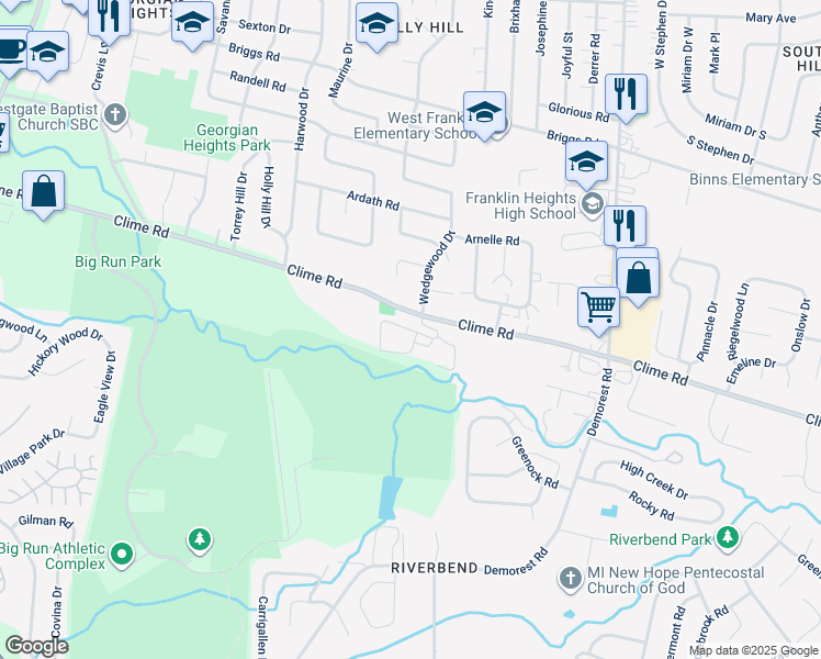 map of restaurants, bars, coffee shops, grocery stores, and more near 3839 Plane Tree Drive West in Columbus