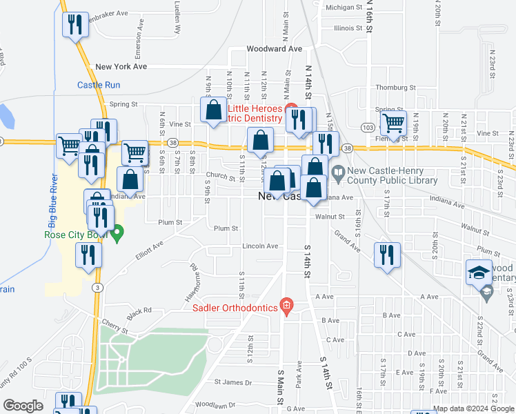 map of restaurants, bars, coffee shops, grocery stores, and more near 410 South 11th Street in New Castle