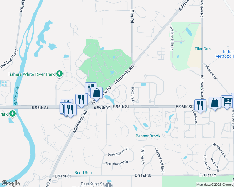 map of restaurants, bars, coffee shops, grocery stores, and more near 5909 Highgate Circle East in Indianapolis