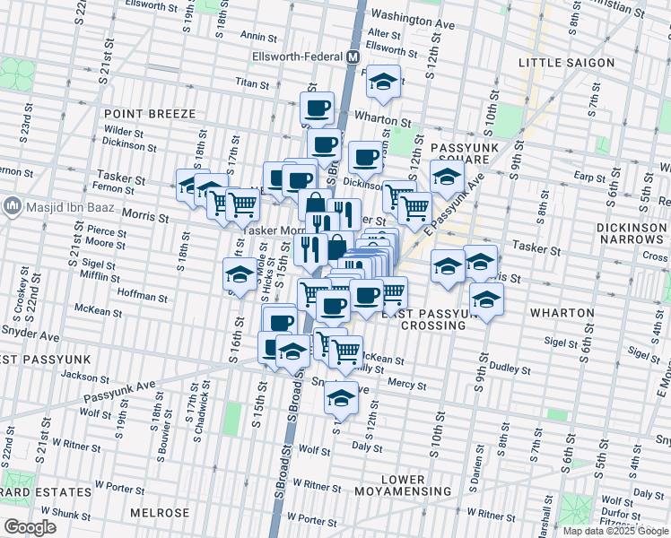 map of restaurants, bars, coffee shops, grocery stores, and more near 1346 Castle Avenue in Philadelphia