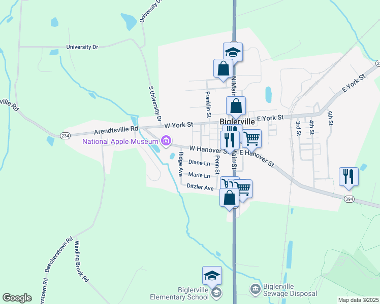 map of restaurants, bars, coffee shops, grocery stores, and more near 120 West Hanover Street in Biglerville