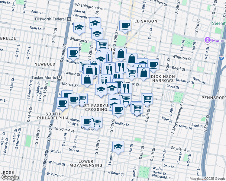 map of restaurants, bars, coffee shops, grocery stores, and more near 919 Morris Street in Philadelphia