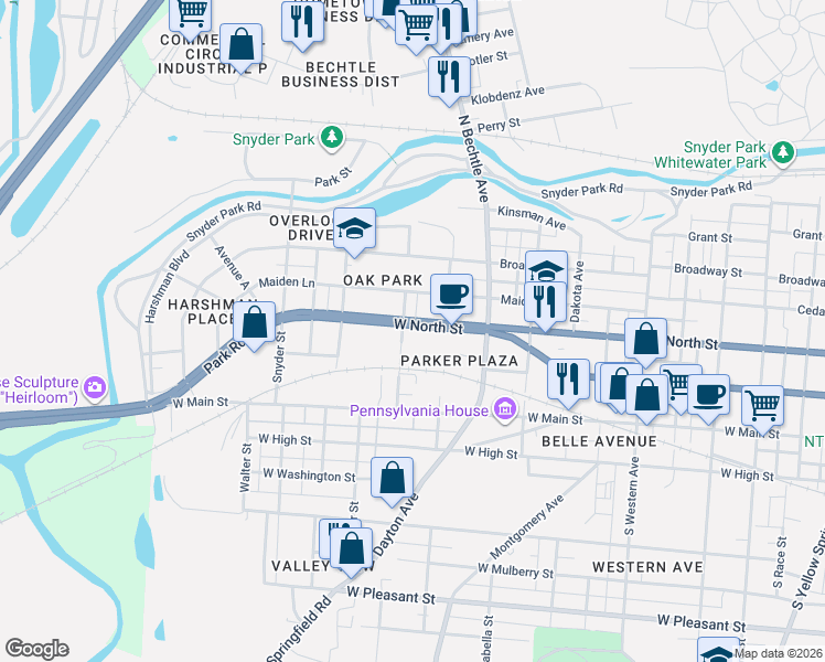 map of restaurants, bars, coffee shops, grocery stores, and more near 1533 West North Street in Springfield