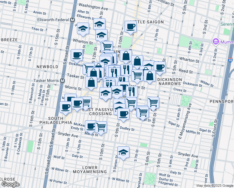 map of restaurants, bars, coffee shops, grocery stores, and more near 923 Morris Street in Philadelphia