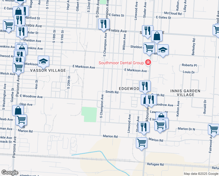 map of restaurants, bars, coffee shops, grocery stores, and more near 1779 Oakwood Avenue in Columbus