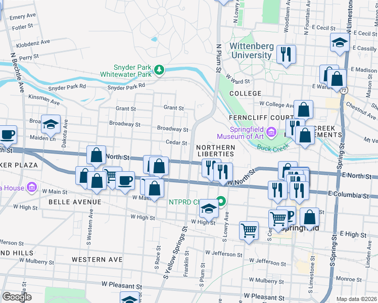 map of restaurants, bars, coffee shops, grocery stores, and more near 221 North Yellow Springs Street in Springfield