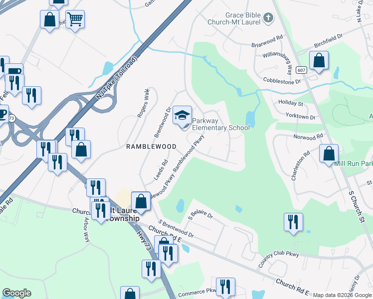 map of restaurants, bars, coffee shops, grocery stores, and more near 136 Ramblewood Parkway in Mount Laurel Township