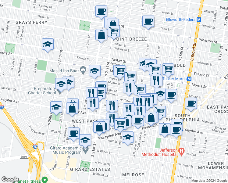 map of restaurants, bars, coffee shops, grocery stores, and more near 2014 Sigel Street in Philadelphia