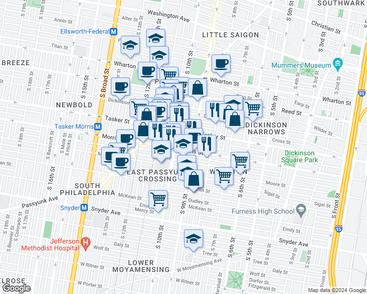 map of restaurants, bars, coffee shops, grocery stores, and more near 923 Morris Street in Philadelphia
