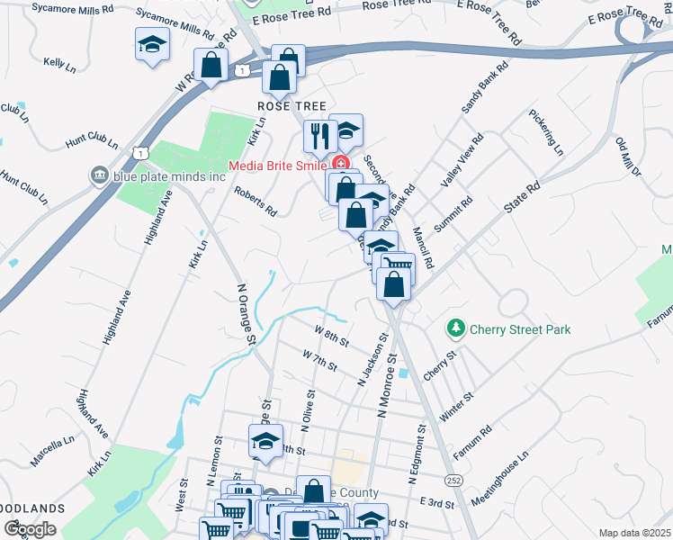 map of restaurants, bars, coffee shops, grocery stores, and more near 13 West Ridge Road in Media