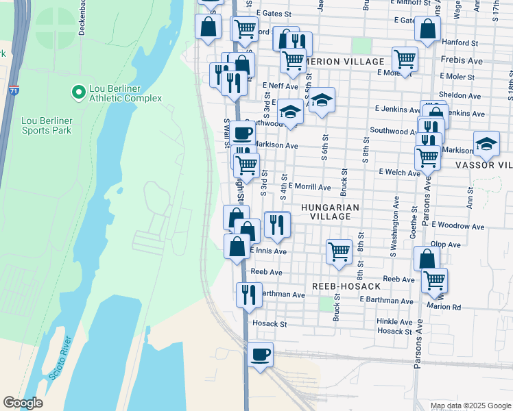 map of restaurants, bars, coffee shops, grocery stores, and more near 1649-1651 South 3rd Street in Columbus