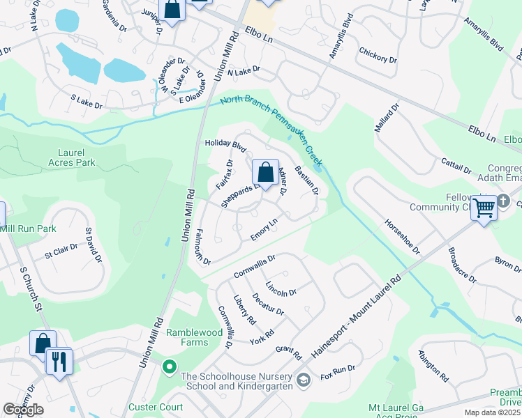 map of restaurants, bars, coffee shops, grocery stores, and more near 2 Warner Court in Mount Laurel Township