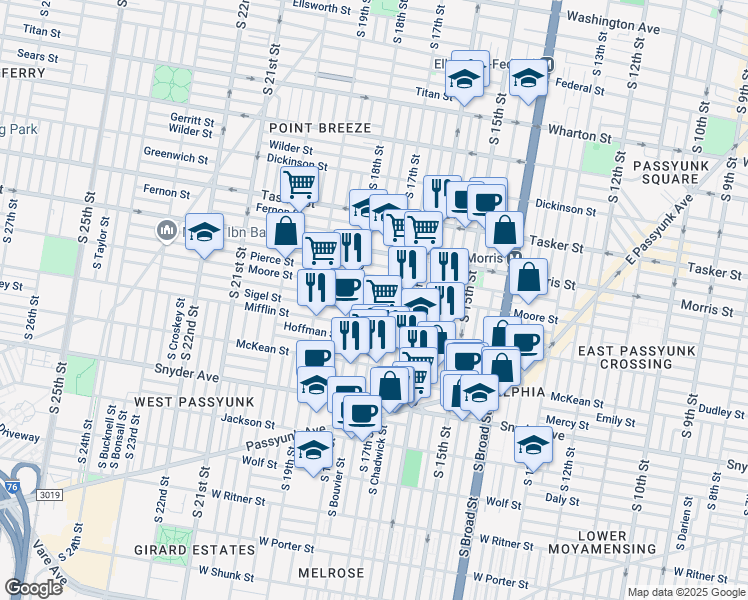 map of restaurants, bars, coffee shops, grocery stores, and more near 1725 McClellan Street in Philadelphia