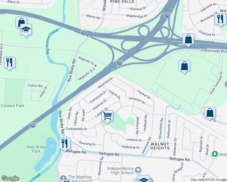 map of restaurants, bars, coffee shops, grocery stores, and more near 2424 Lisbon Drive in Columbus