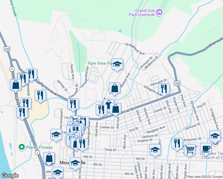 map of restaurants, bars, coffee shops, grocery stores, and more near 6 Oak Avenue in Moundsville