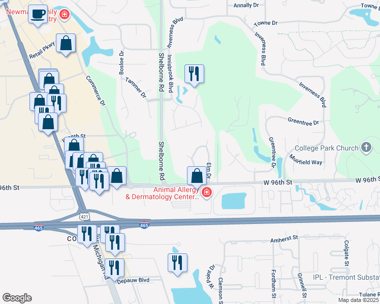 map of restaurants, bars, coffee shops, grocery stores, and more near 9721 Sycamore Road in Carmel