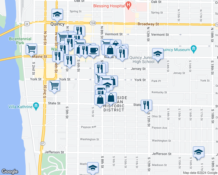 map of restaurants, bars, coffee shops, grocery stores, and more near 330 South 9th Street in Quincy
