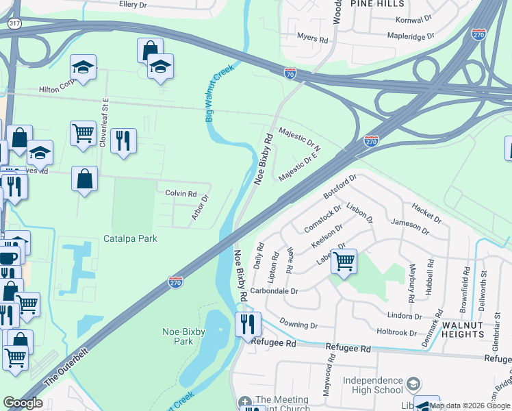 map of restaurants, bars, coffee shops, grocery stores, and more near 2342 Noe Bixby Road in Columbus