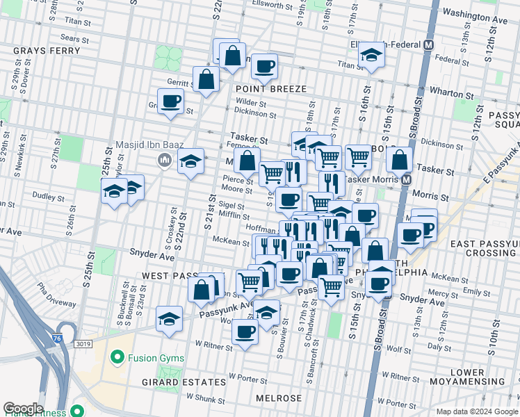 map of restaurants, bars, coffee shops, grocery stores, and more near 1917 Sigel Street in Philadelphia