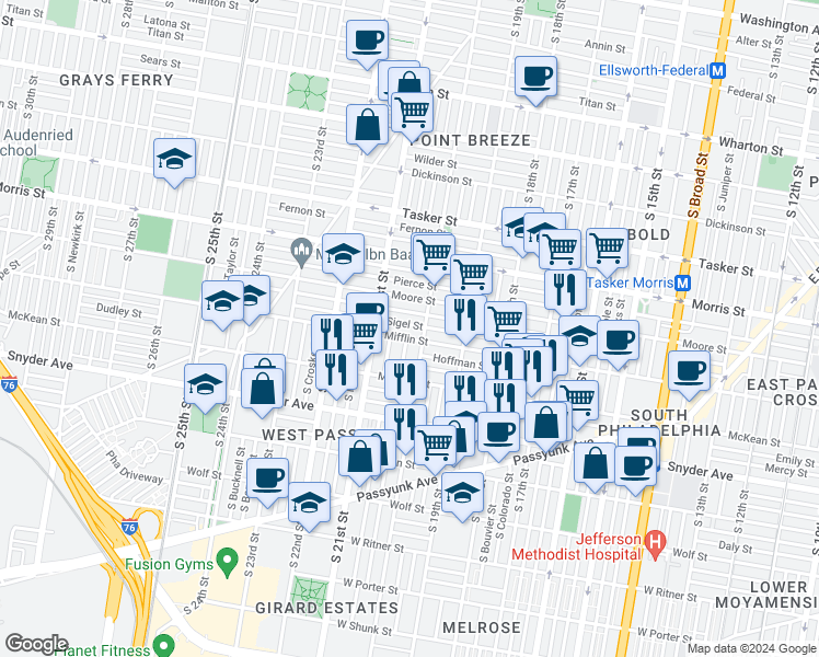 map of restaurants, bars, coffee shops, grocery stores, and more near 2018 Sigel Street in Philadelphia