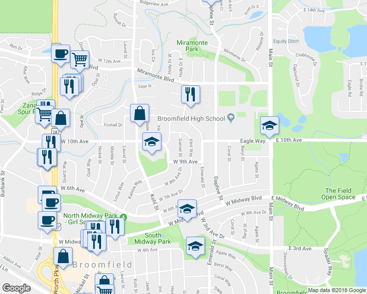 map of restaurants, bars, coffee shops, grocery stores, and more near 940 Garnet Street in Broomfield
