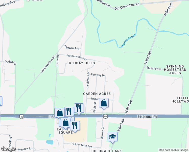 map of restaurants, bars, coffee shops, grocery stores, and more near 355 Birch Road in Springfield