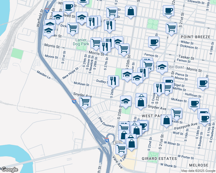 map of restaurants, bars, coffee shops, grocery stores, and more near 2621 McKean Street in Philadelphia