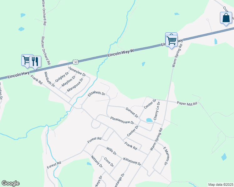 map of restaurants, bars, coffee shops, grocery stores, and more near 1541 East Strohm Drive in Chambersburg