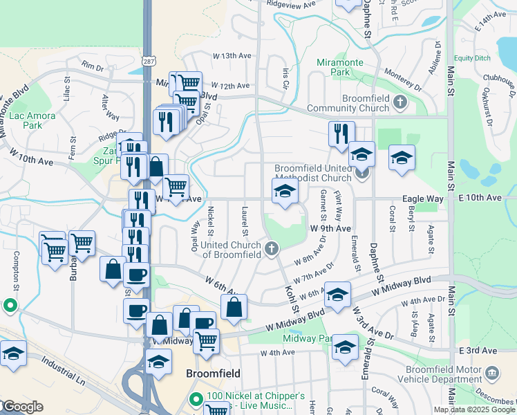 map of restaurants, bars, coffee shops, grocery stores, and more near 975 Kohl Street in Broomfield