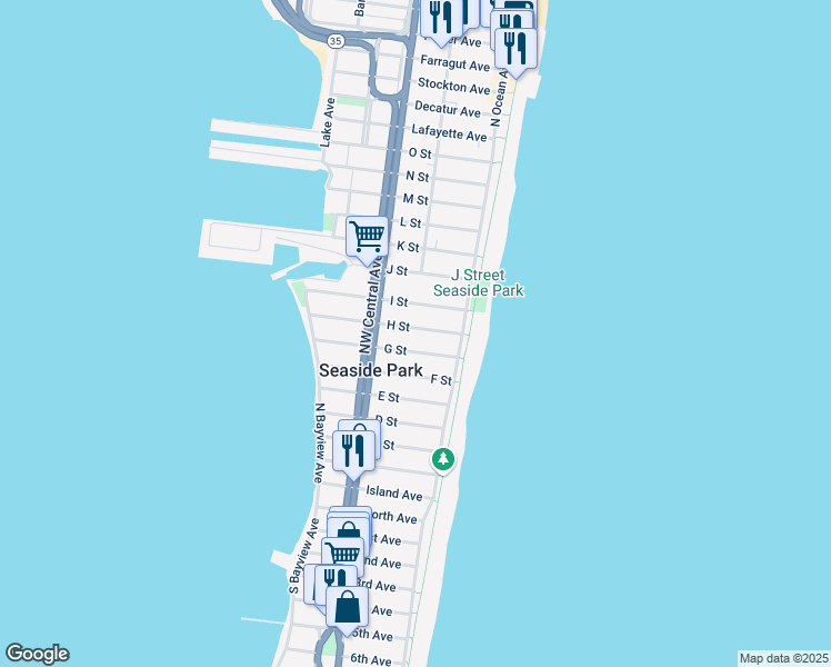 map of restaurants, bars, coffee shops, grocery stores, and more near 41 H Street in Seaside Park