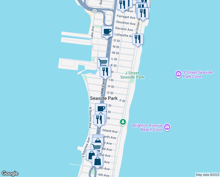 map of restaurants, bars, coffee shops, grocery stores, and more near 41 H Street in Seaside Park