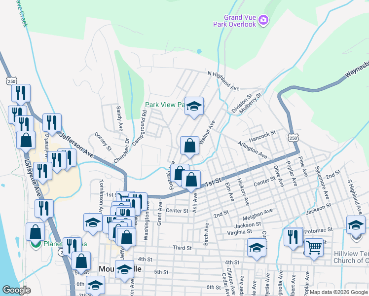 map of restaurants, bars, coffee shops, grocery stores, and more near 6 Oak Avenue in Moundsville