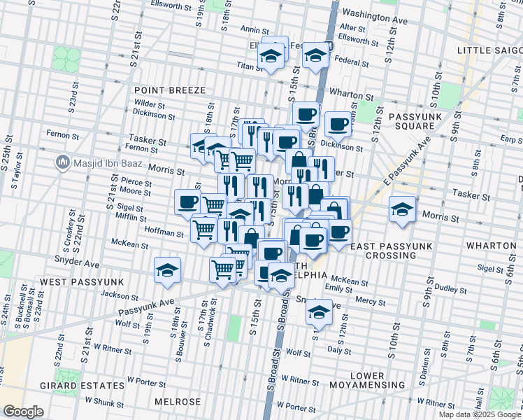 map of restaurants, bars, coffee shops, grocery stores, and more near 1754 South Hicks Street in Philadelphia