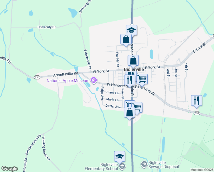 map of restaurants, bars, coffee shops, grocery stores, and more near 120 West Hanover Street in Biglerville
