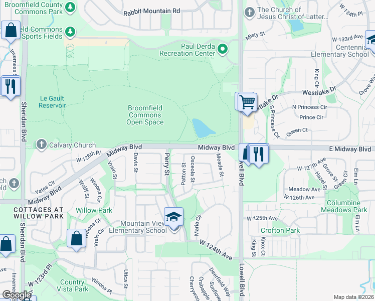 map of restaurants, bars, coffee shops, grocery stores, and more near 3915 West 127th Avenue in Broomfield