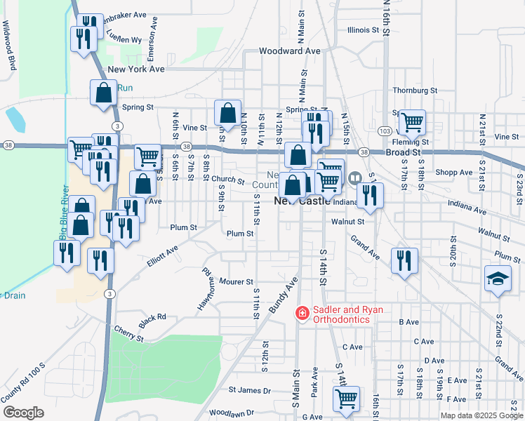 map of restaurants, bars, coffee shops, grocery stores, and more near 410 South 11th Street in New Castle