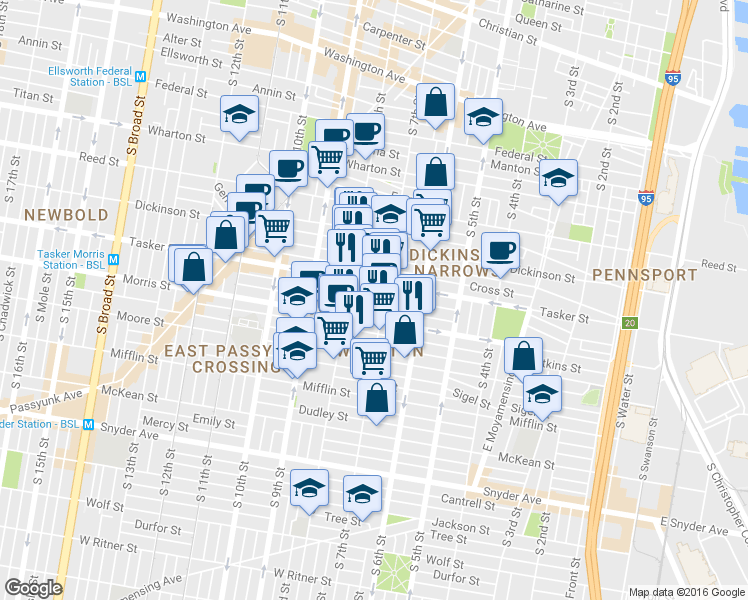 map of restaurants, bars, coffee shops, grocery stores, and more near 1621 South Beulah Street in Philadelphia