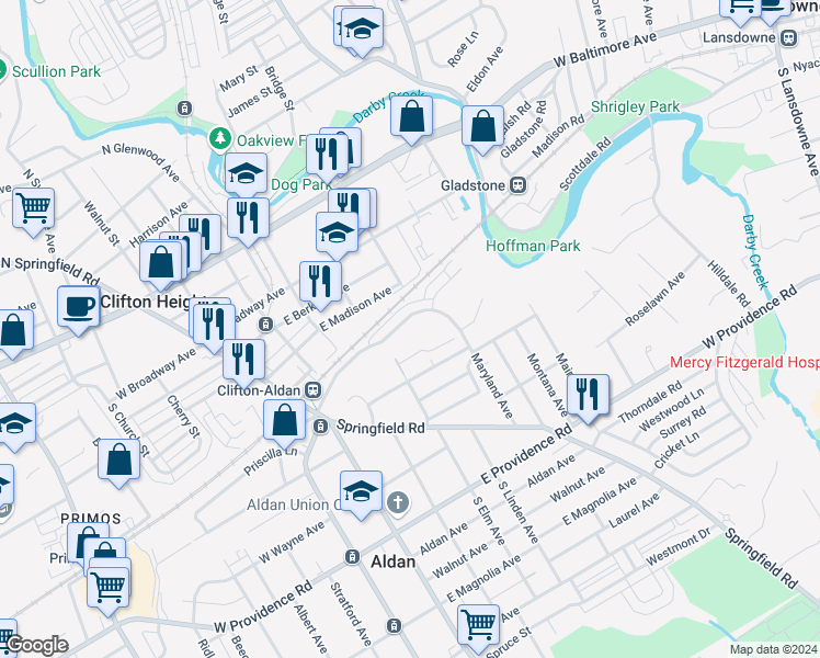 map of restaurants, bars, coffee shops, grocery stores, and more near 138 West Maryland Avenue in Aldan