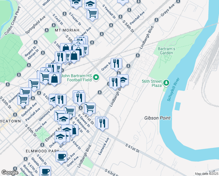 map of restaurants, bars, coffee shops, grocery stores, and more near 2515 South Wanamaker Street in Philadelphia
