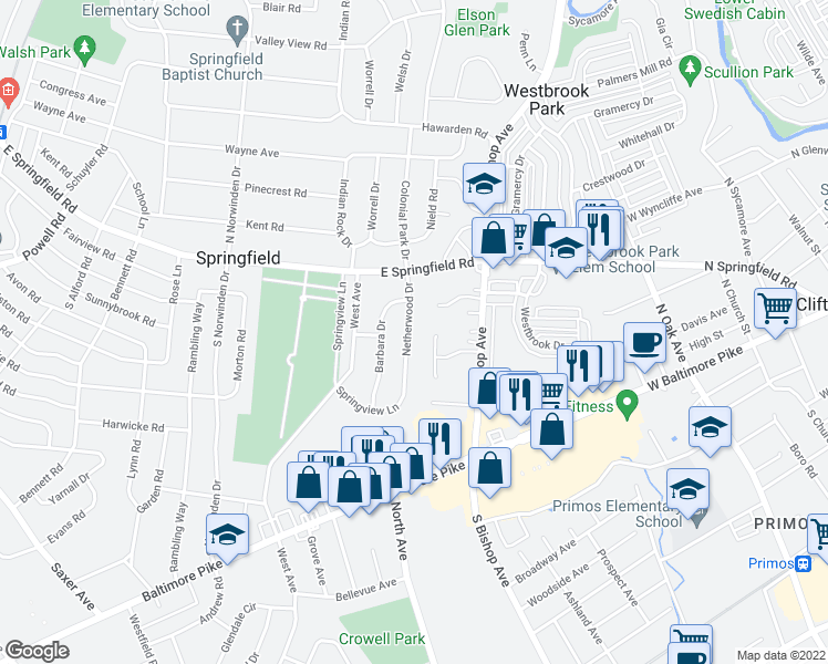 map of restaurants, bars, coffee shops, grocery stores, and more near 51 Netherwood Drive in Springfield