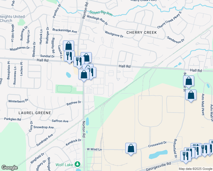 map of restaurants, bars, coffee shops, grocery stores, and more near 5500 Burberry Ln in Columbus