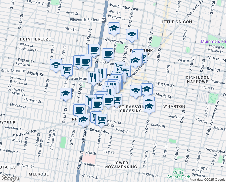 map of restaurants, bars, coffee shops, grocery stores, and more near 1719 South 13th Street in Philadelphia