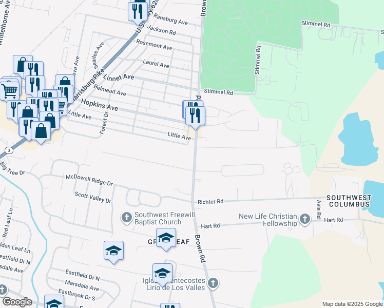 map of restaurants, bars, coffee shops, grocery stores, and more near 1371 Brown Road in Columbus